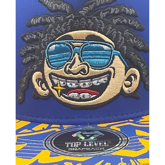 Top‎ Level Happy Snapback Hat Blue Yellow Sparkly Grill Hip Hop Baseball Cap NWT - Picture 8 of 13